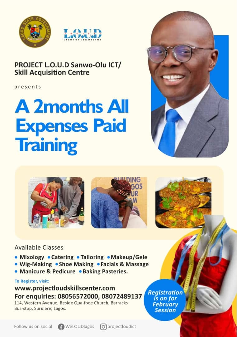 Call For Applications: Project LOUD Sanwo Olu ICT/Free Skill Acquisition Center 2024 (A 2Month All Paid Expenses Training)