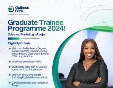 Optimus Bank 2024 Graduate Trainee Sales and Marketing Program for young Nigerian graduates