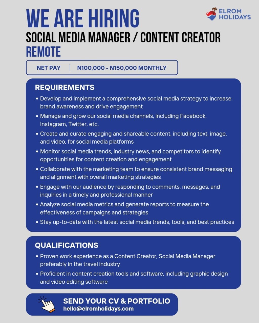 Remote Social Media Manager / Content Creators Needed at Elrom Holidays