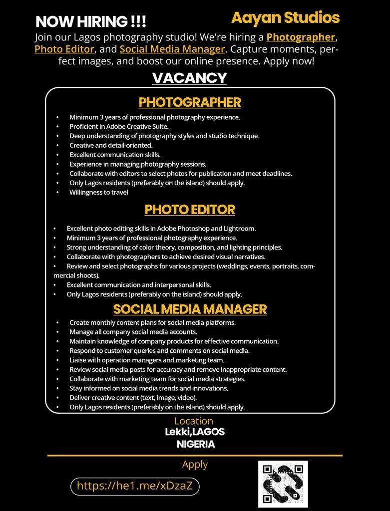 Vacancy! Aayan Studios is Hiring for Photographer, Photo Editor, and Social Media Manager