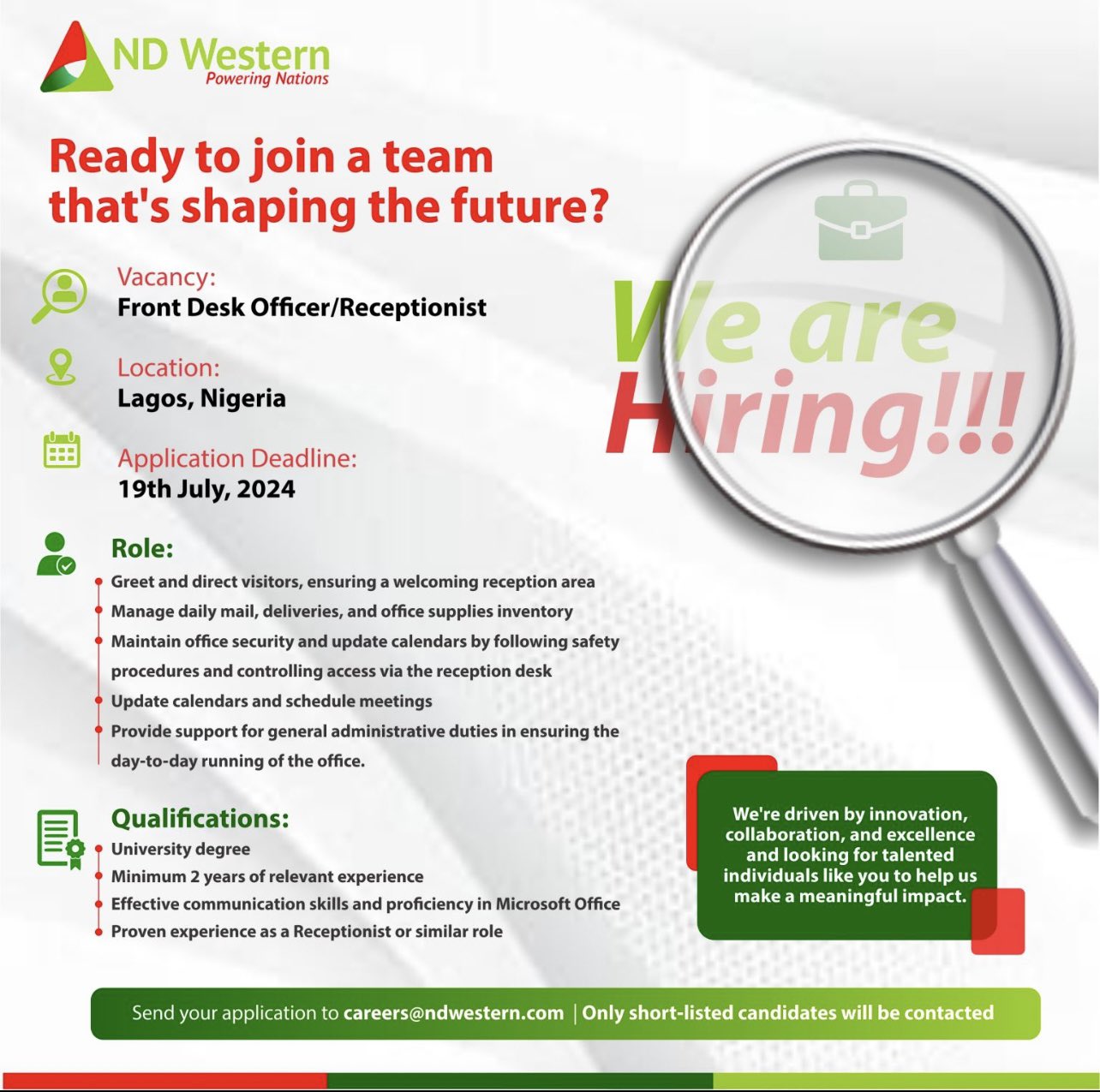 Front Desk Officer/Receptionist at ND Western Limited